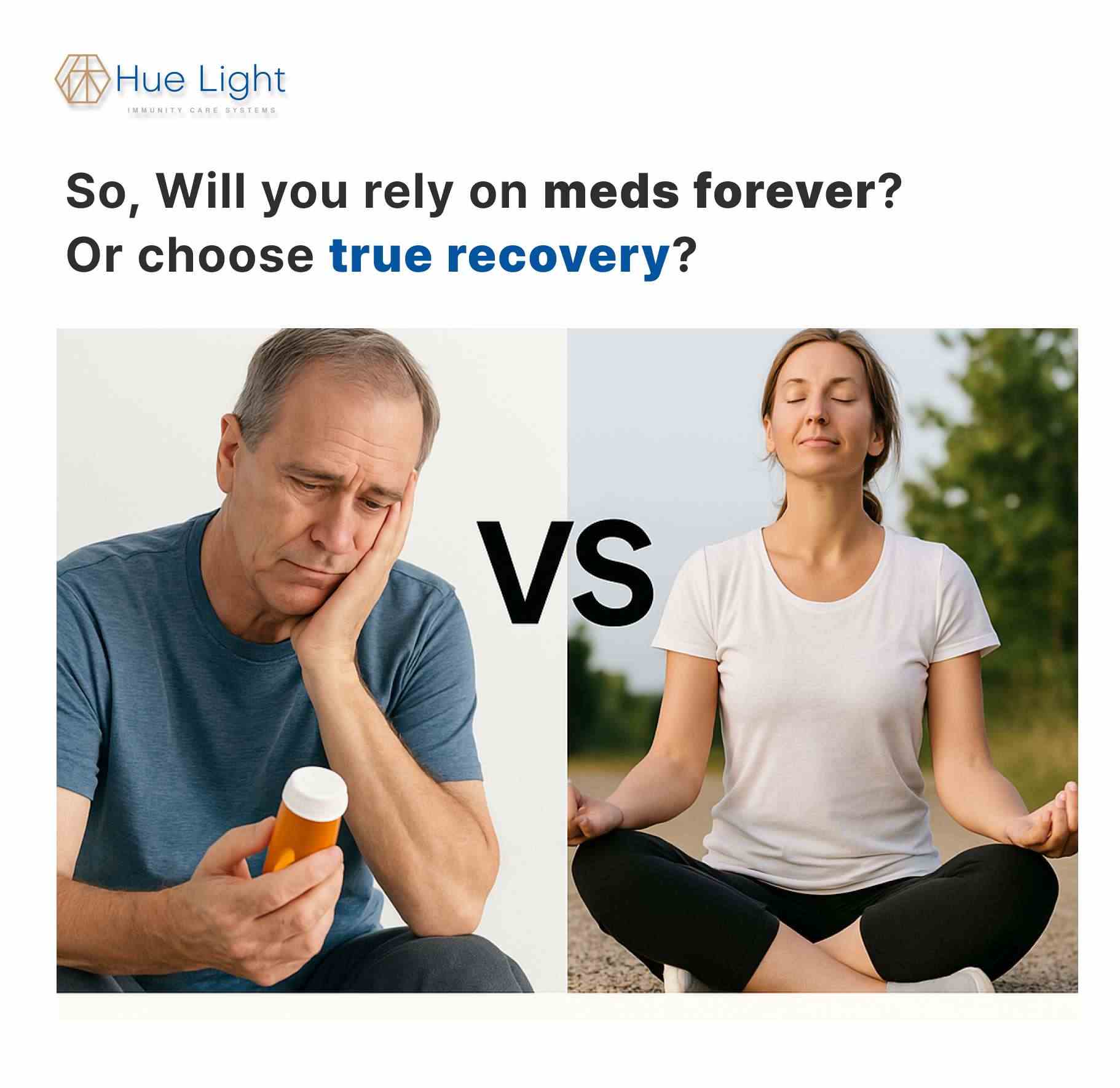 Man with medication vs woman meditating, showing choice between meds and recovery