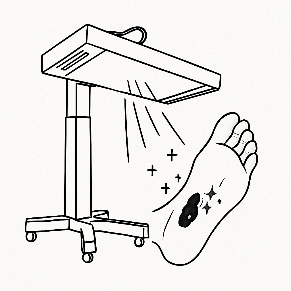 A foot wound showing signs of healing under light therapy